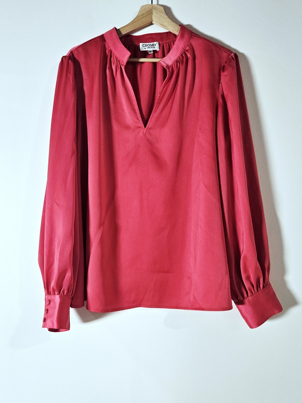 Crosby Mollie Burch Fuschia Pink Satin Blouse XL Split V neck Ballon Sleeve